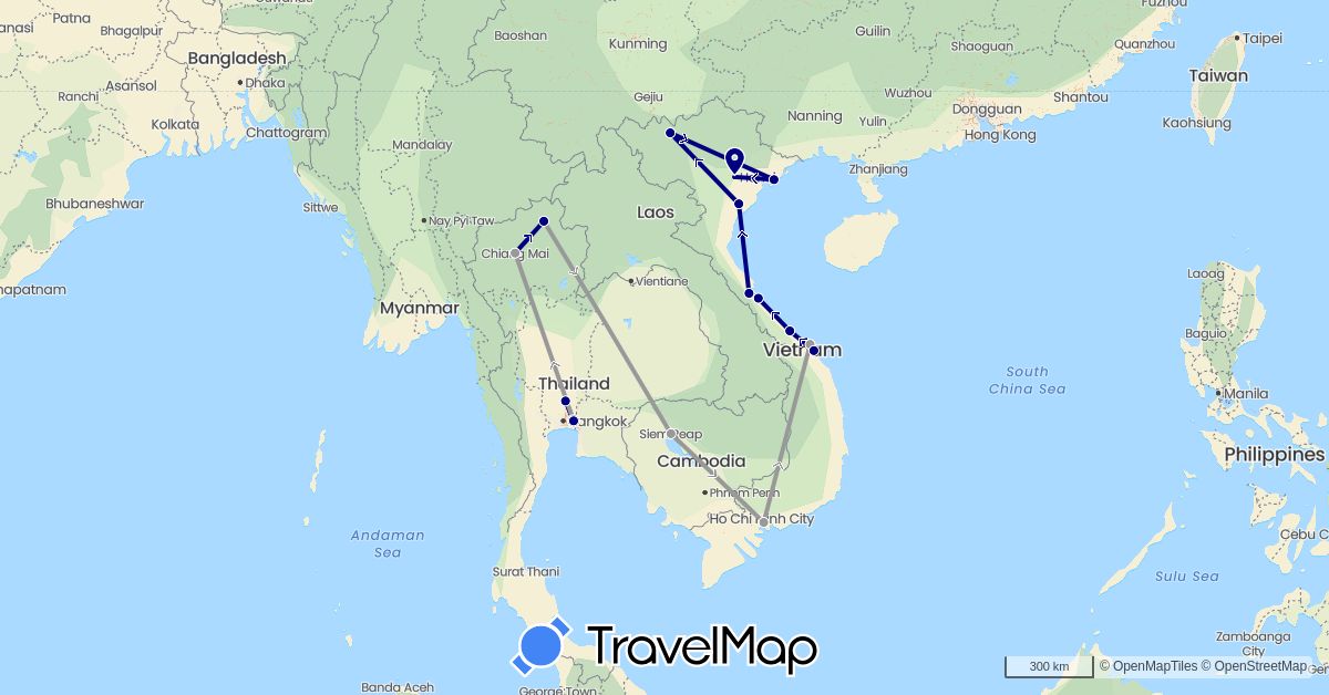 TravelMap itinerary: driving, plane in Cambodia, Thailand, Vietnam (Asia)